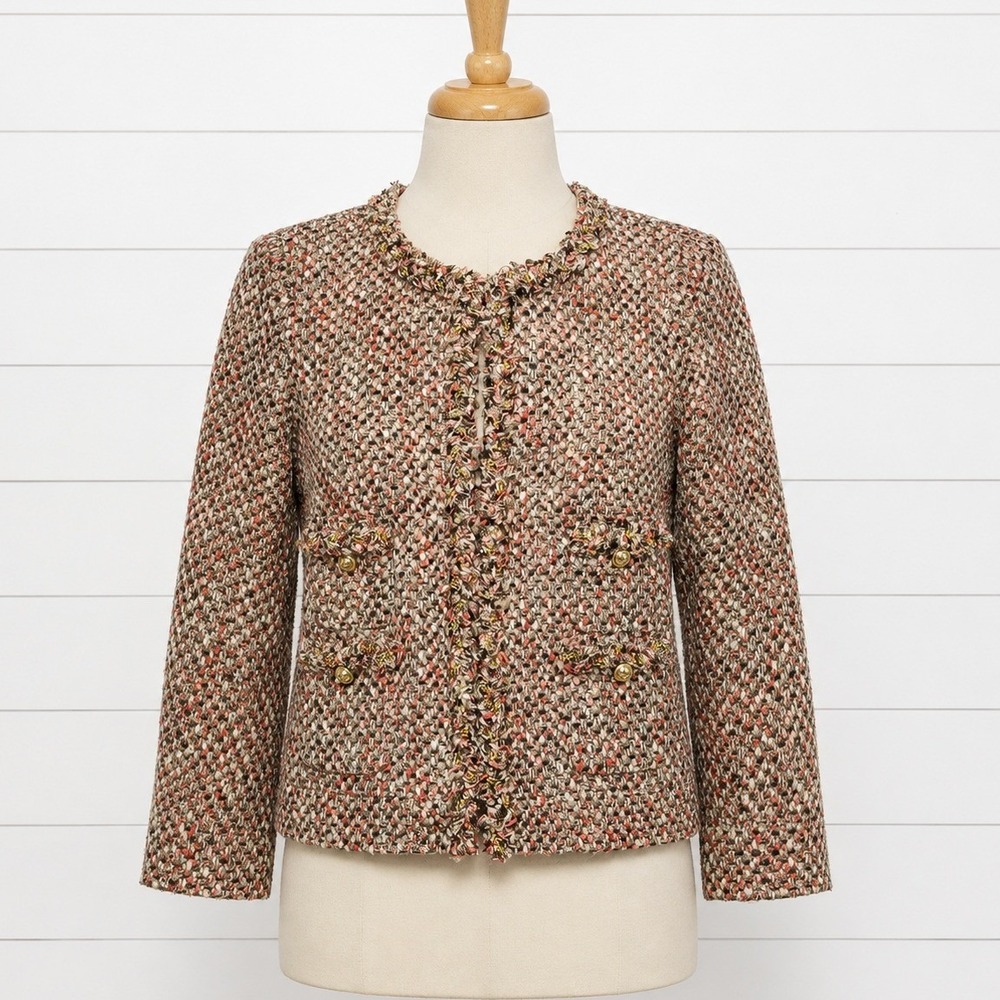J Crew Collection Multicolored Tweed Lady Jacket Blazer Coral Wool  Medium 8